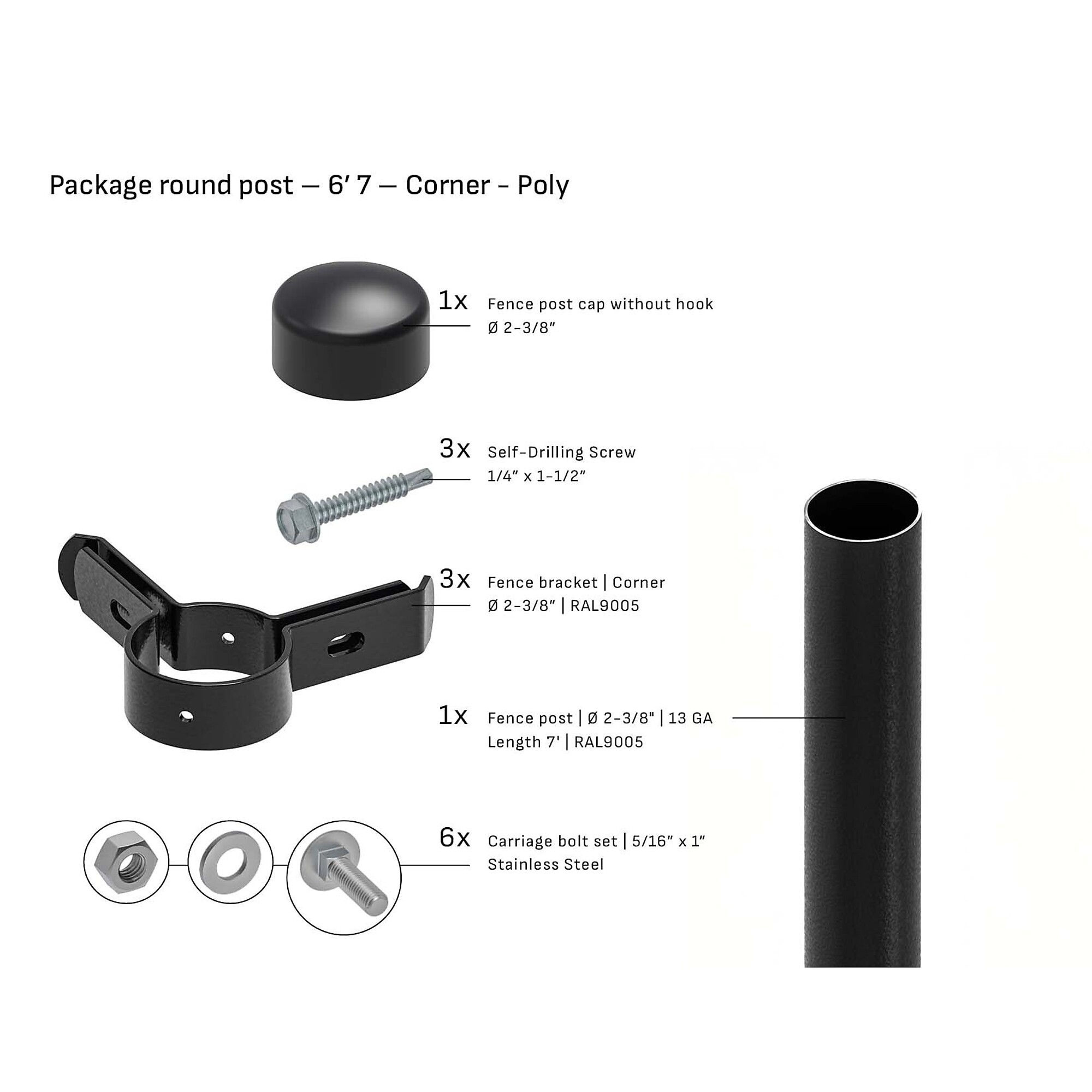 Tarter Round Black Steel Corner Fence Post — 2-3/8in. x 6ft. 7in., Poly Cap, 12-Ga., Model# 2001008